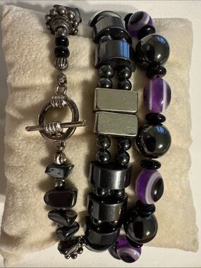 3 Women's Hematite and Purple Beaded Bracelet Set
